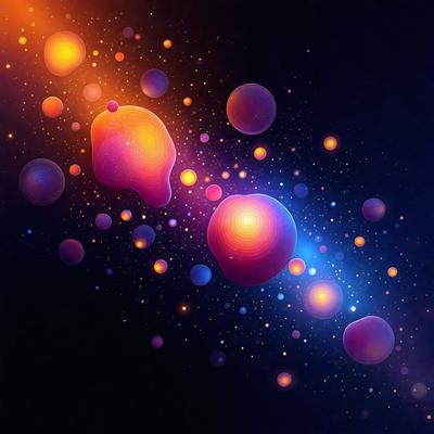 The primary subject of the image is a vibrant and colorful display of various shapes and sizes, resembling a kaleidoscope or a swirling pattern. The setting is a dark background, which contrasts with the bright and lively colors of the shapes. The visual style is a combination of digital art and illustration, creating a dynamic and engaging scene. The dominant colors are a mix of oranges, pinks, and purples, giving the image a warm and inviting atmosphere.